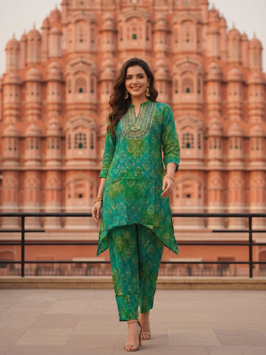 Ethnic Dabu Printed & Embroidered A-Line Co-ord Set - Green