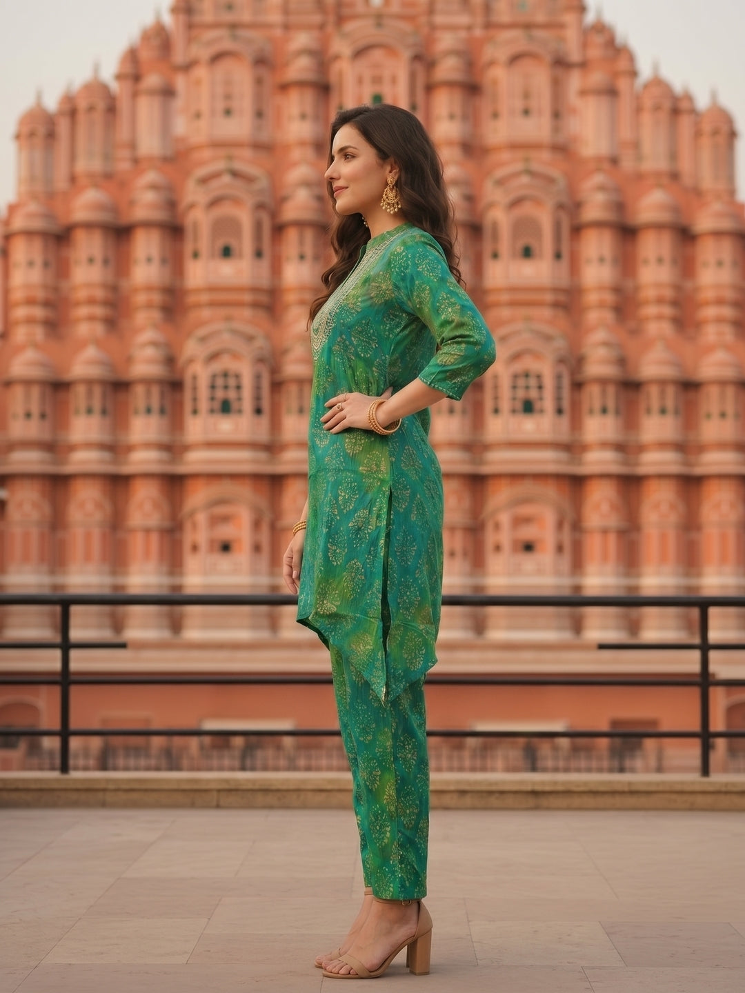Ethnic Dabu Printed & Embroidered A-Line Co-ord Set - Green