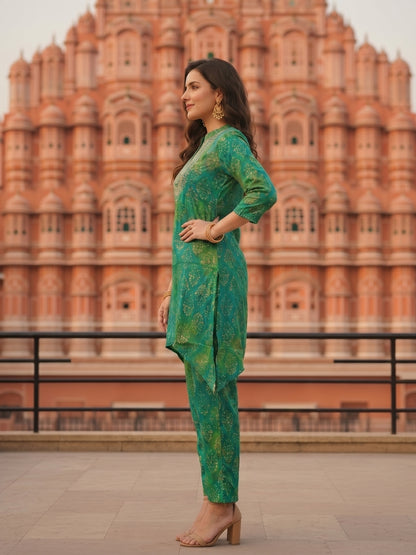 Ethnic Dabu Printed & Embroidered A-Line Co-ord Set - Green