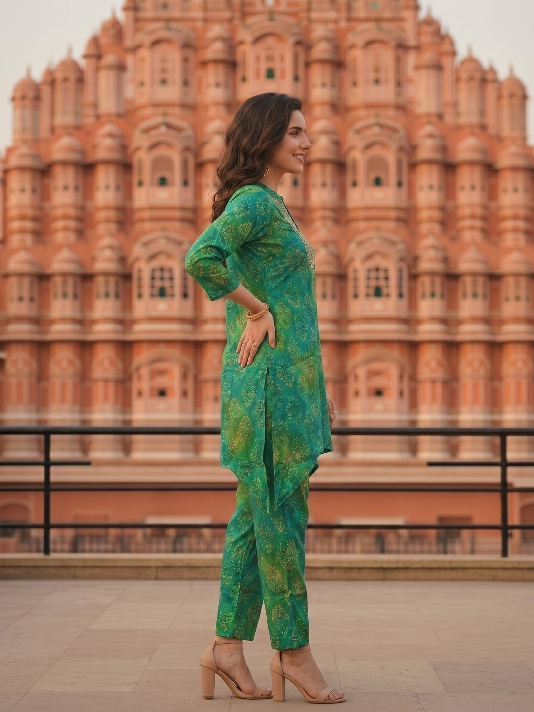 Ethnic Dabu Printed & Embroidered A-Line Co-ord Set - Green