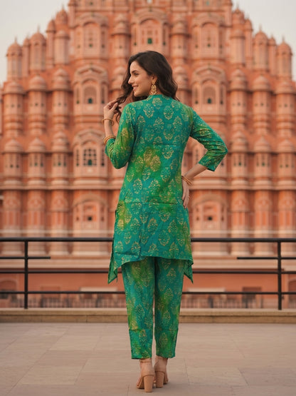 Ethnic Dabu Printed & Embroidered A-Line Co-ord Set - Green