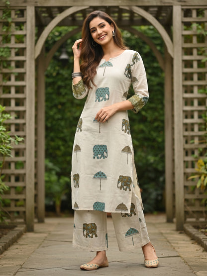 Ethnic Printed Straight Kurta with Wide-Leg Trouser Co-ord Set - Ivory