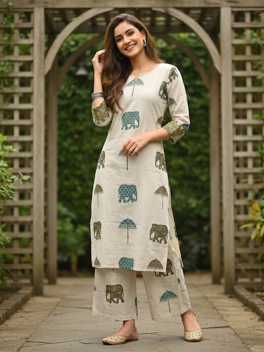Ethnic Printed Straight Kurta with Wide-Leg Trouser Co-ord Set - Ivory