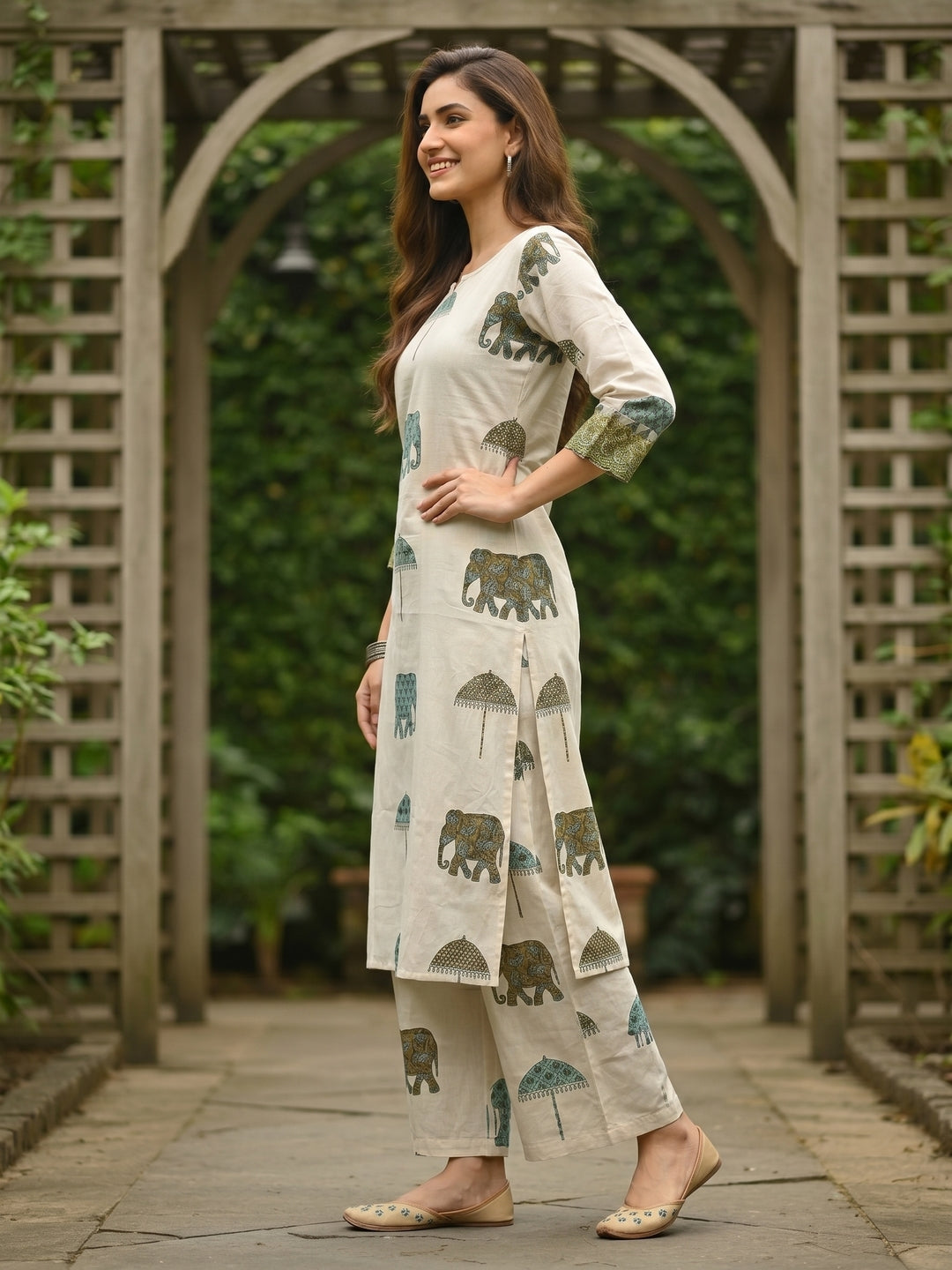 Ethnic Printed Straight Kurta with Wide-Leg Trouser Co-ord Set - Ivory