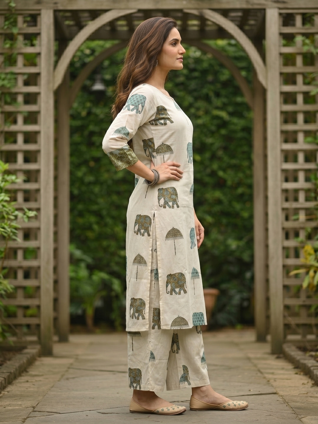 Ethnic Printed Straight Kurta with Wide-Leg Trouser Co-ord Set - Ivory