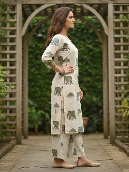 Ethnic Printed Straight Kurta with Wide-Leg Trouser Co-ord Set - Ivory