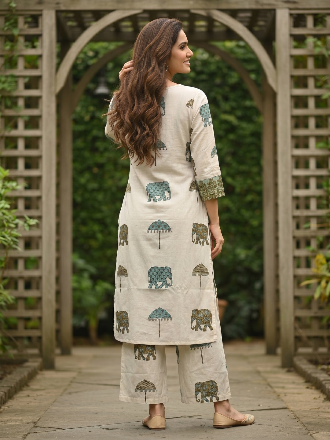 Ethnic Printed Straight Kurta with Wide-Leg Trouser Co-ord Set - Ivory