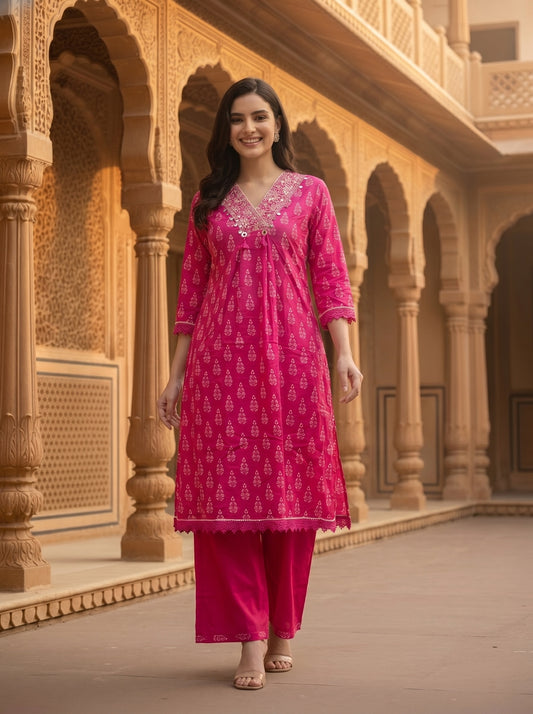 Ethnic Floral Printed & Coin Mirror Resham Embroidered A-Line Kurta with Pant - Pink