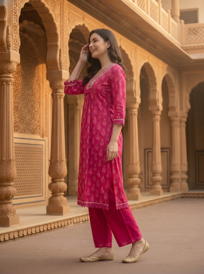 Ethnic Floral Printed & Coin Mirror Resham Embroidered A-Line Kurta with Pant - Pink