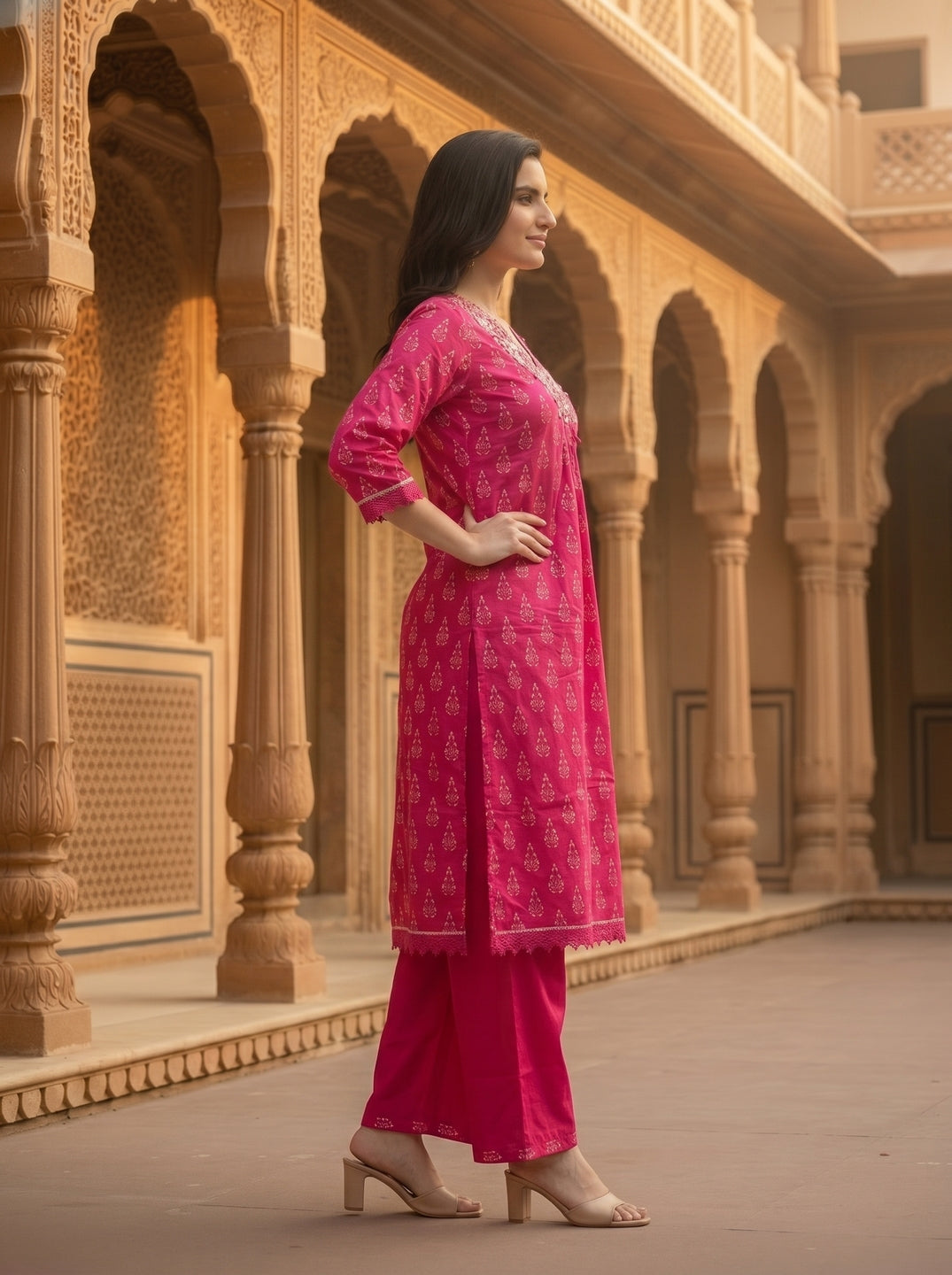 Ethnic Floral Printed & Coin Mirror Resham Embroidered A-Line Kurta with Pant - Pink