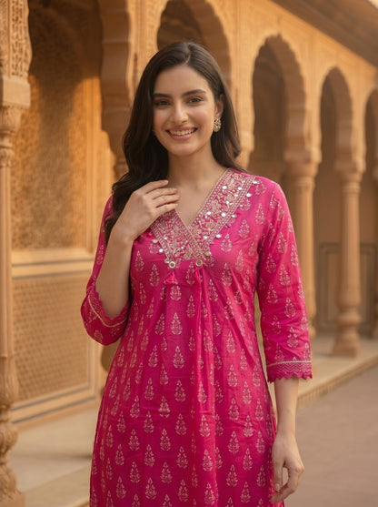 Ethnic Floral Printed & Coin Mirror Resham Embroidered A-Line Kurta with Pant - Pink