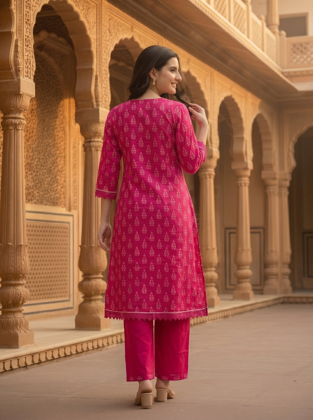Ethnic Floral Printed & Coin Mirror Resham Embroidered A-Line Kurta with Pant - Pink