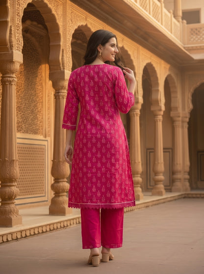Ethnic Floral Printed & Coin Mirror Resham Embroidered A-Line Kurta with Pant - Pink