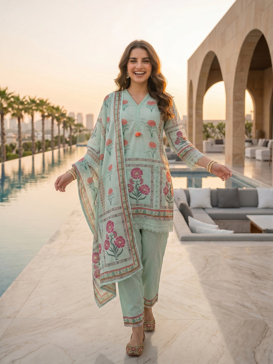 Ethnic Floral Printed Straight Fit Kurta with Pant and Dupatta - Mint Green