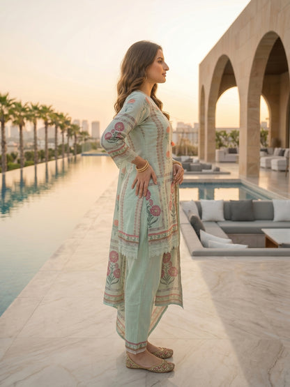 Ethnic Floral Printed Straight Fit Kurta with Pant and Dupatta - Mint Green