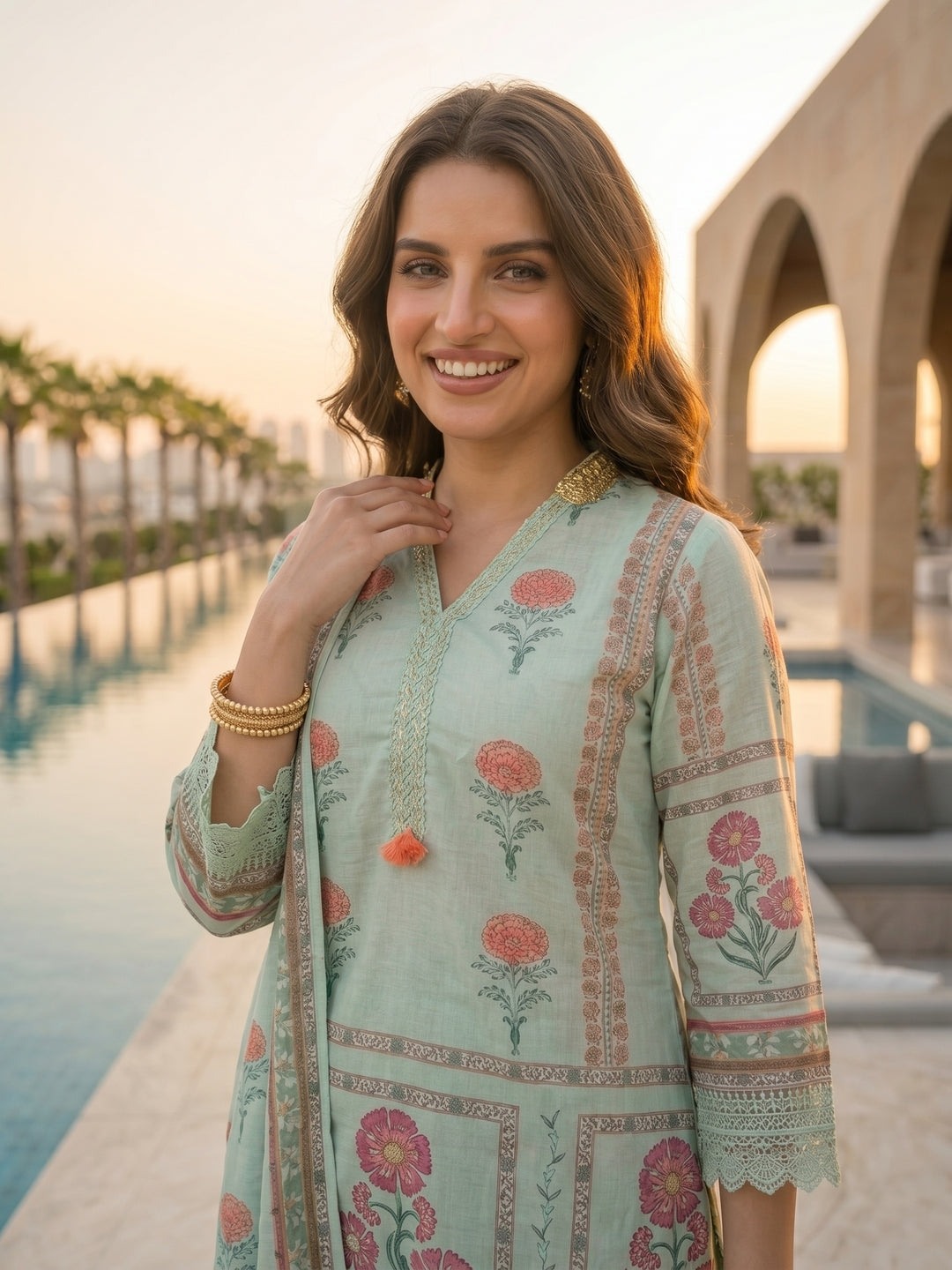 Ethnic Floral Printed Straight Fit Kurta with Pant and Dupatta - Mint Green