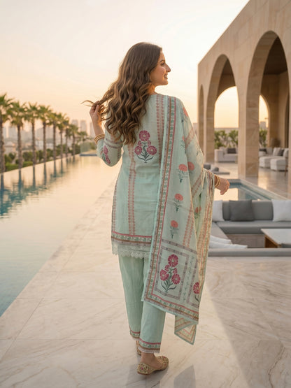 Ethnic Floral Printed Straight Fit Kurta with Pant and Dupatta - Mint Green