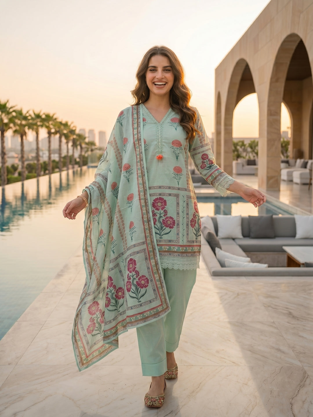 Ethnic Floral Printed Straight Fit Kurta with Pant and Dupatta - Mint Green
