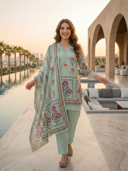 Ethnic Floral Printed Straight Fit Kurta with Pant and Dupatta - Mint Green