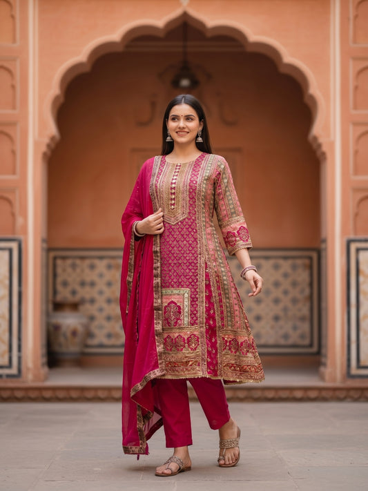 Ethnic Floral Printed & Embroidered A-Line Kurta with Palazzo & Dupatta - Pink