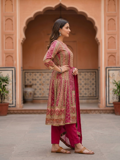 Ethnic Floral Printed & Embroidered A-Line Kurta with Palazzo & Dupatta - Pink