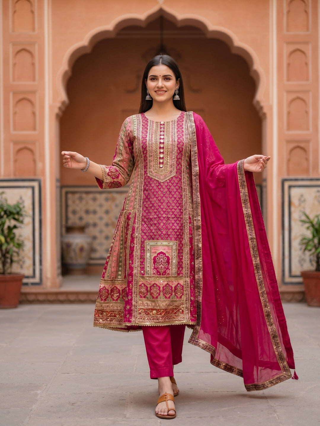 Ethnic Floral Printed & Embroidered A-Line Kurta with Palazzo & Dupatta - Pink