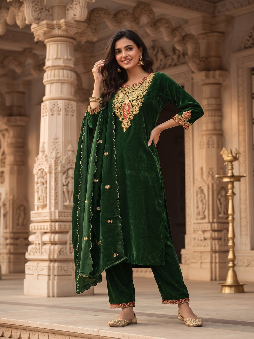 Emerald Green Velvet Zari Embroidered Straight Kurta Set with Pant & Dupatta
