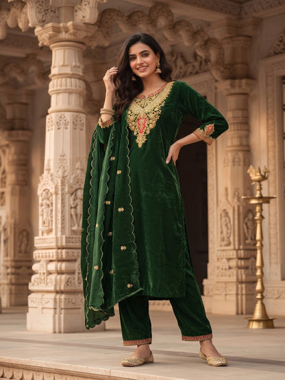 Emerald Green Velvet Zari Embroidered Straight Kurta Set with Pant & Dupatta