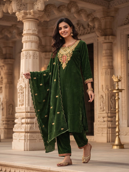 Emerald Green Velvet Zari Embroidered Straight Kurta Set with Pant & Dupatta