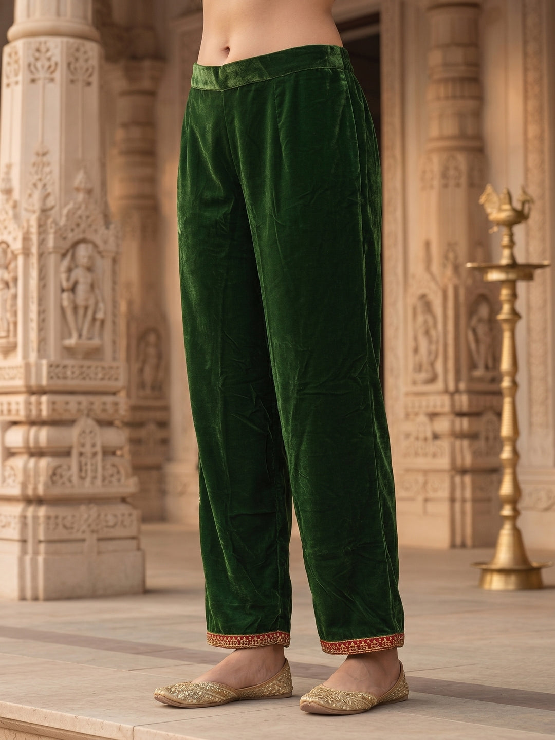 Emerald Green Velvet Zari Embroidered Straight Kurta Set with Pant & Dupatta