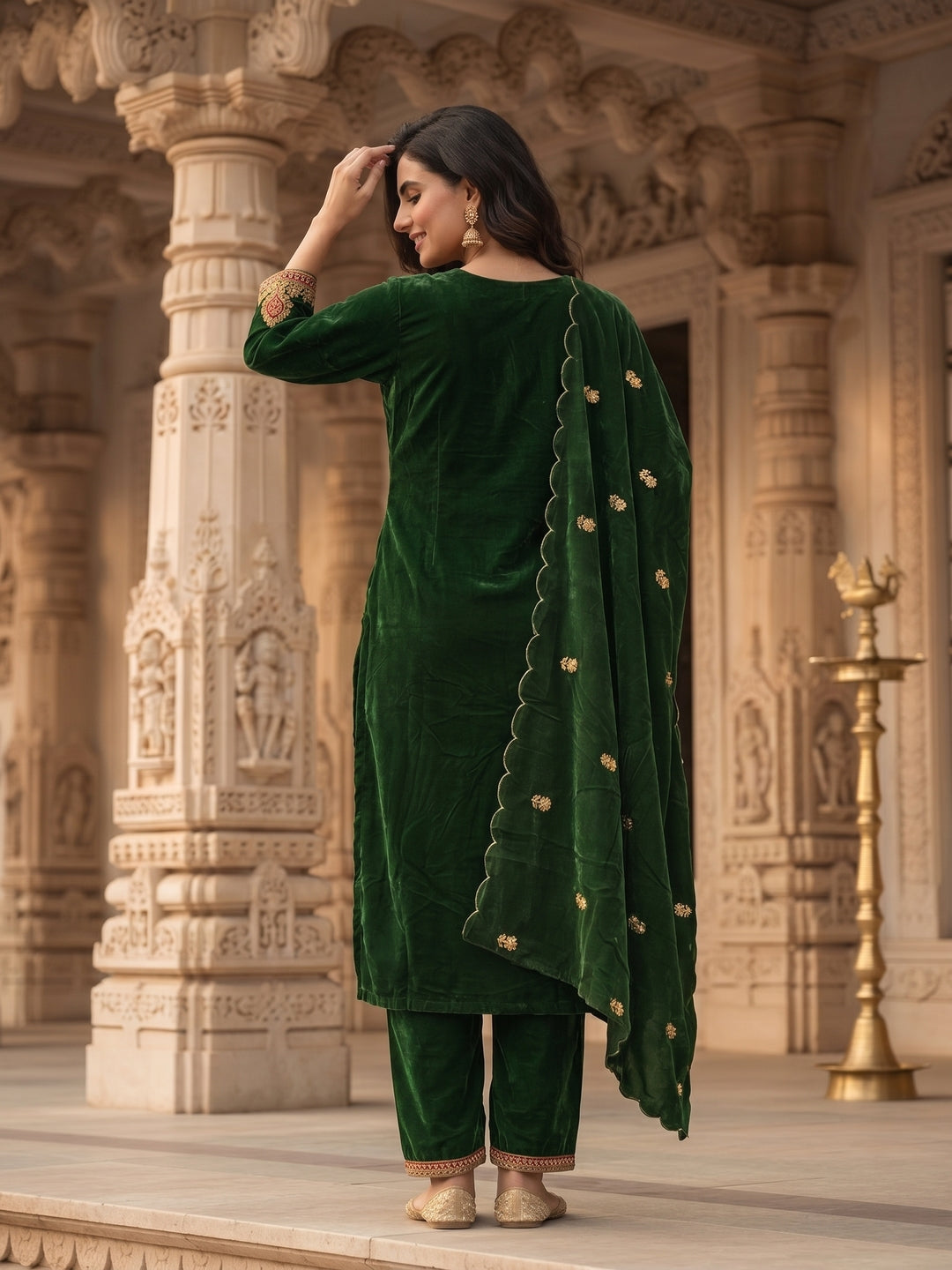 Emerald Green Velvet Zari Embroidered Straight Kurta Set with Pant & Dupatta
