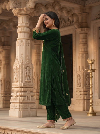 Emerald Green Velvet Zari Embroidered Straight Kurta Set with Pant & Dupatta