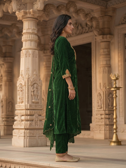 Emerald Green Velvet Zari Embroidered Straight Kurta Set with Pant & Dupatta