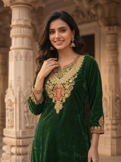 Emerald Green Velvet Zari Embroidered Straight Kurta Set with Pant & Dupatta