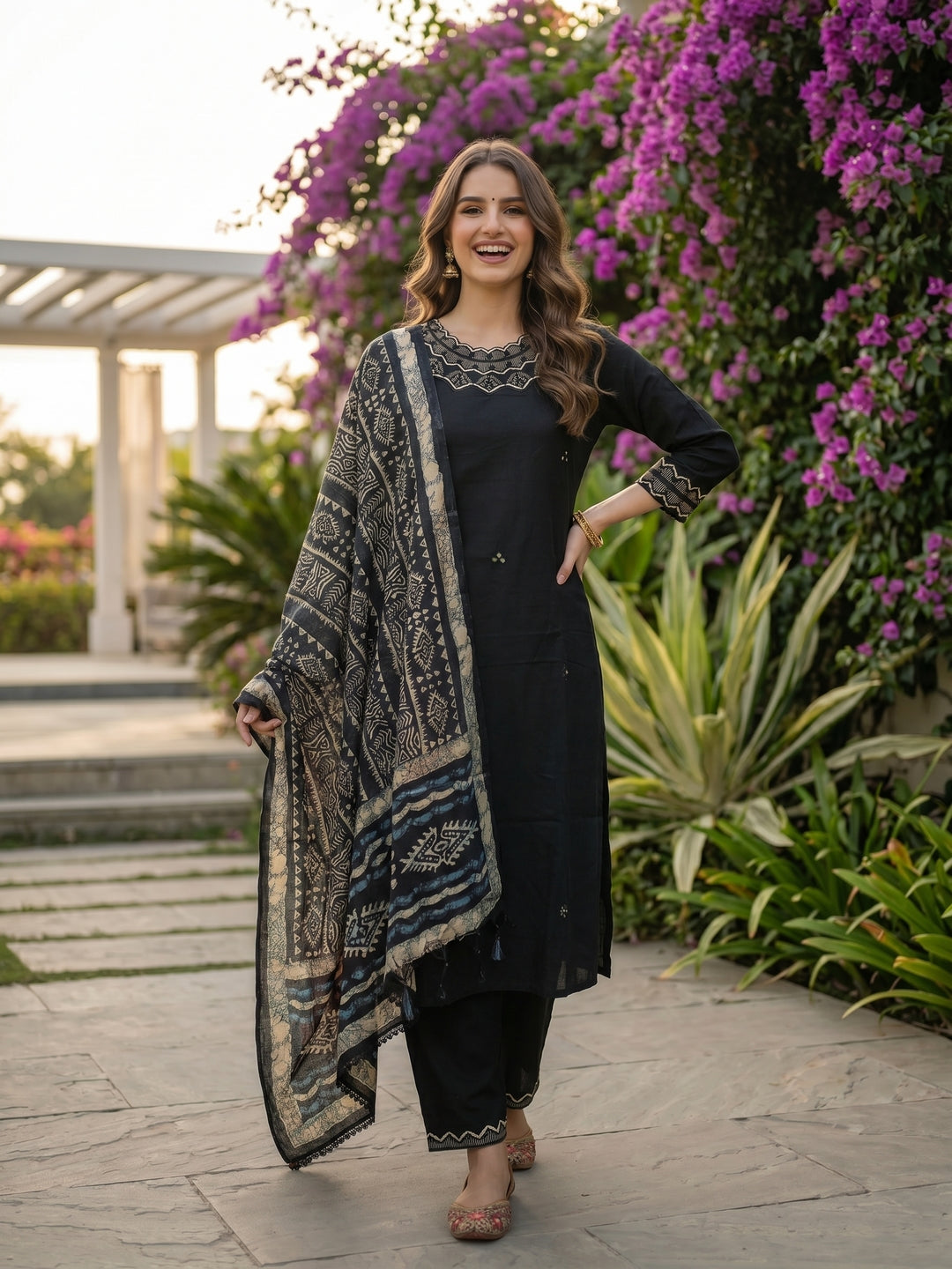 Solid Mirror Work Embroidered Straight Kurta with Pant & Dupatta - Black