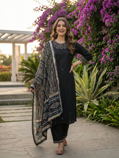 Solid Mirror Work Embroidered Straight Kurta with Pant & Dupatta - Black