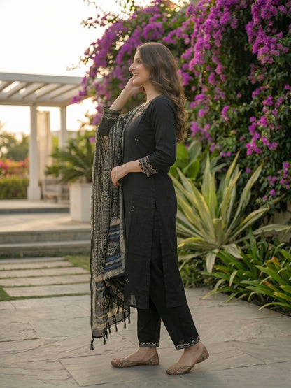 Solid Mirror Work Embroidered Straight Kurta with Pant & Dupatta - Black