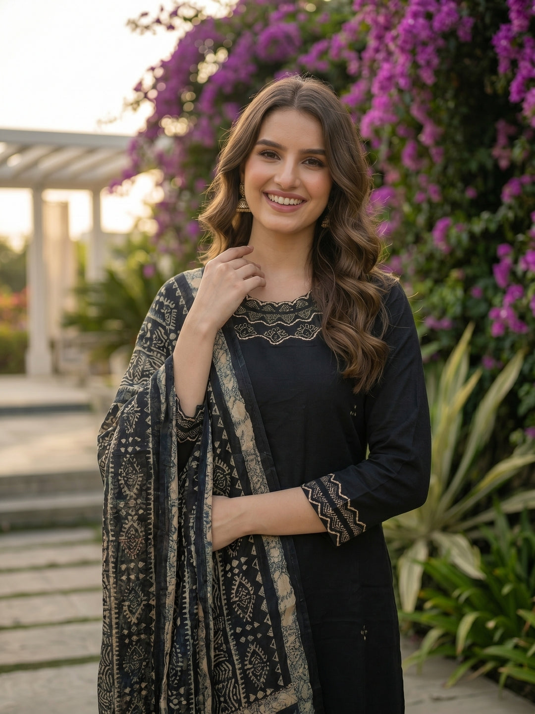 Solid Mirror Work Embroidered Straight Kurta with Pant & Dupatta - Black