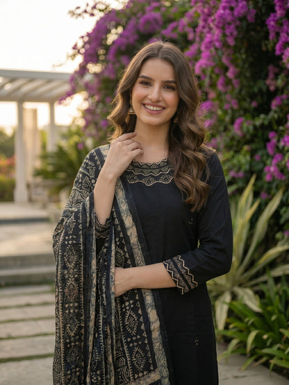 Solid Mirror Work Embroidered Straight Kurta with Pant & Dupatta - Black