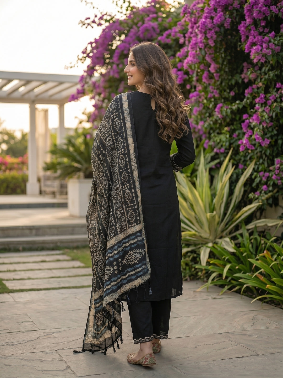 Solid Mirror Work Embroidered Straight Kurta with Pant & Dupatta - Black