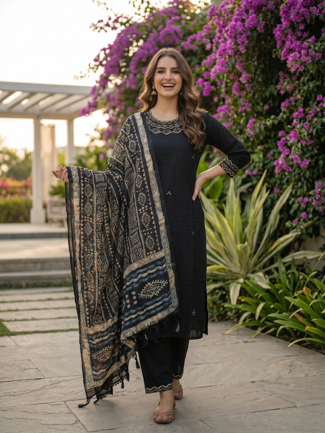Solid Mirror Work Embroidered Straight Kurta with Pant & Dupatta - Black