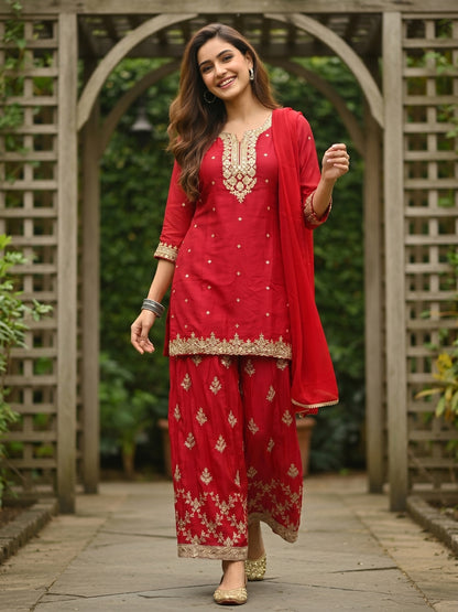 Solid Zari Sequin Embroidered Straight Kurta with Sharara & Dupatta - Rani