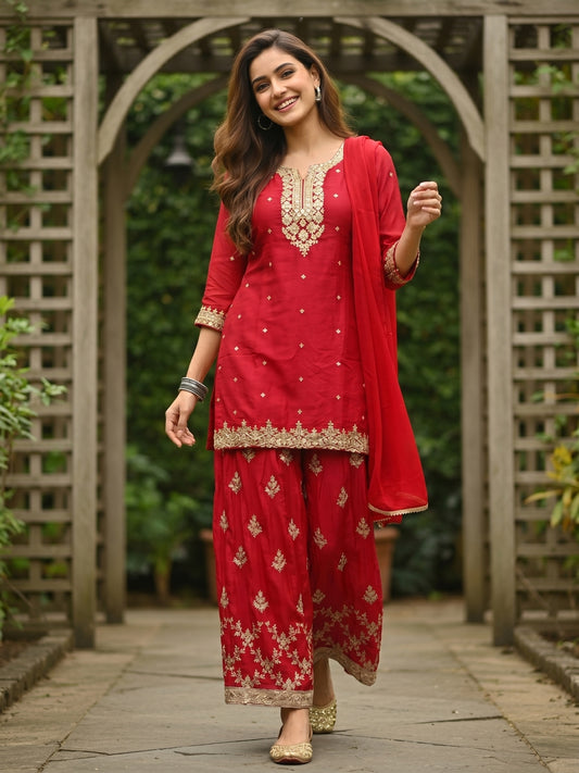Solid Zari Sequin Embroidered Straight Kurta with Sharara & Dupatta - Rani