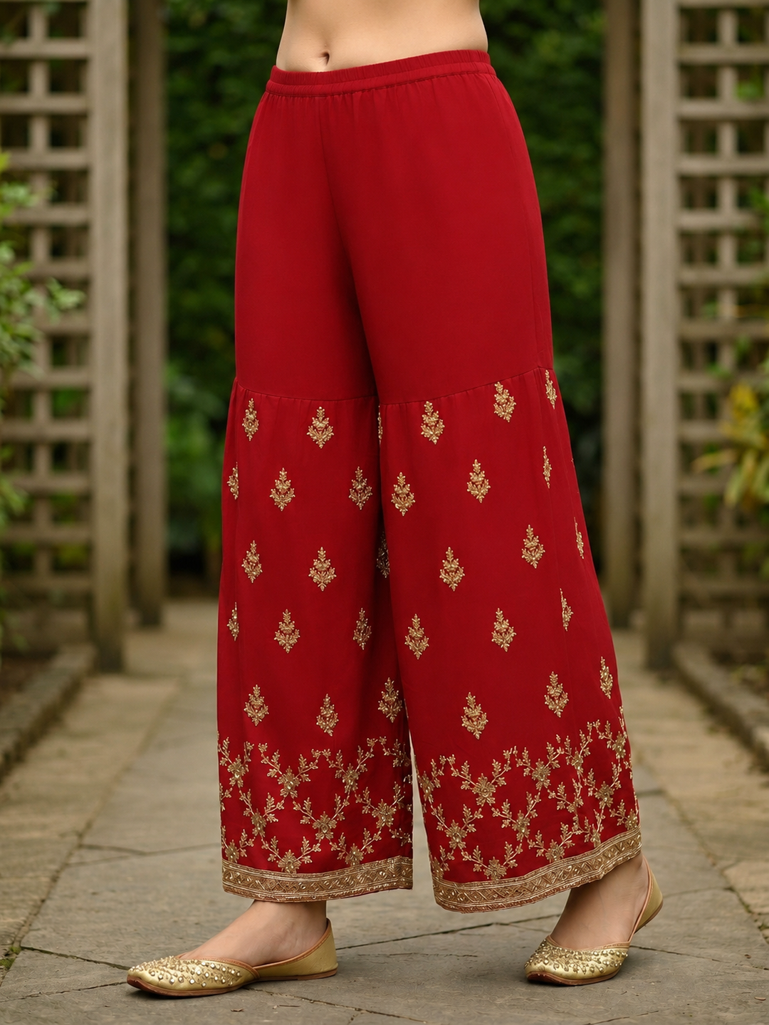 Solid Zari Sequin Embroidered Straight Kurta with Sharara & Dupatta - Rani