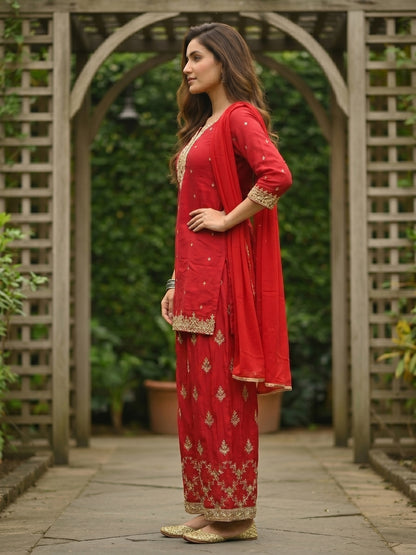 Solid Zari Sequin Embroidered Straight Kurta with Sharara & Dupatta - Rani