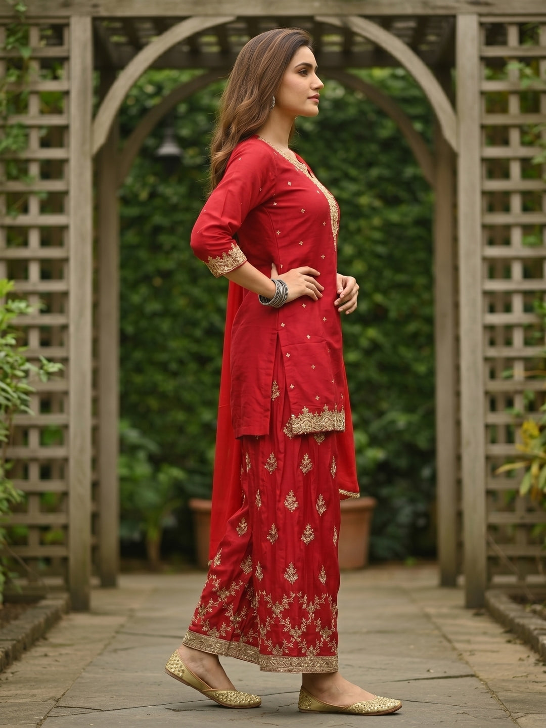 Solid Zari Sequin Embroidered Straight Kurta with Sharara & Dupatta - Rani