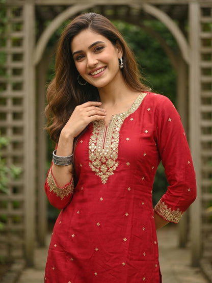 Solid Zari Sequin Embroidered Straight Kurta with Sharara & Dupatta - Rani