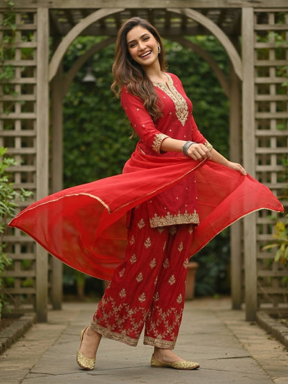 Solid Zari Sequin Embroidered Straight Kurta with Sharara & Dupatta - Rani