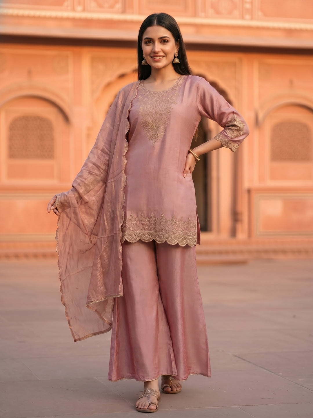 Solid Ethnic Embroidered Straight Fit Kurta with Sharara & Dupatta - Pink