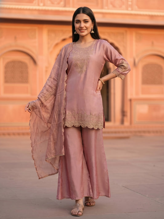 Solid Ethnic Embroidered Straight Fit Kurta with Sharara & Dupatta - Pink